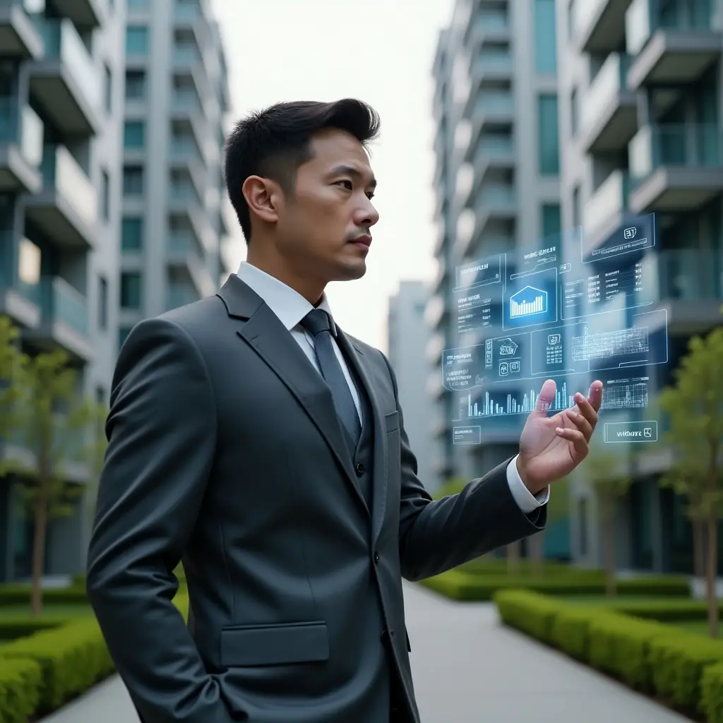 (Ultra-realistic condominium manager in a charcoal grey suit, set in a modern luxury condominium environment with high-rise buildings and manicured green landscaping, interacting with a holographic building automation dashboard showing energy metrics and security icons, confident and visionary expression, cinematic lighting, shallow depth of field, highly detailed textures, realistic skin, photographic realism, 8k resolution --ar 1:1 --v 6)