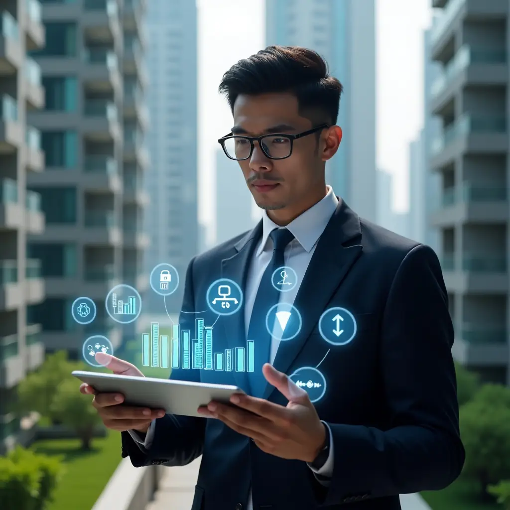 Ultra-realistic condominium manager in a navy blue suit, set in a modern luxury condominium environment with high-rise buildings and lush green landscaping, holding a digital tablet displaying interactive holographic bar charts and warning icons, analyzing and pointing at a floating exclamation mark symbolizing critical errors, surrounded by translucent icons of an open padlock (transparency), downward arrow with coins (cost reduction), and a smiling face (resident satisfaction), cinematic lighting, shallow depth of field, highly detailed textures, realistic skin, photographic realism, 8k resolution --ar 1:1 --v 6