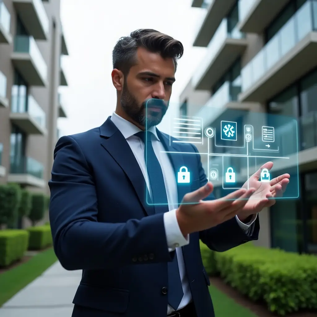 Ultra-realistic professional condo manager in a navy-blue tailored suit, set in a modern luxury condominium environment with high-rise buildings and manicured green landscaping, confidently interacting with a floating holographic condo management app interface displaying charts and crossed-out myth icons, subtle holograms of gears, locks, and chat bubbles symbolizing features, cinematic lighting, shallow depth of field, highly detailed textures, realistic skin, photographic realism, 8k resolution --ar 1:1 --v 6