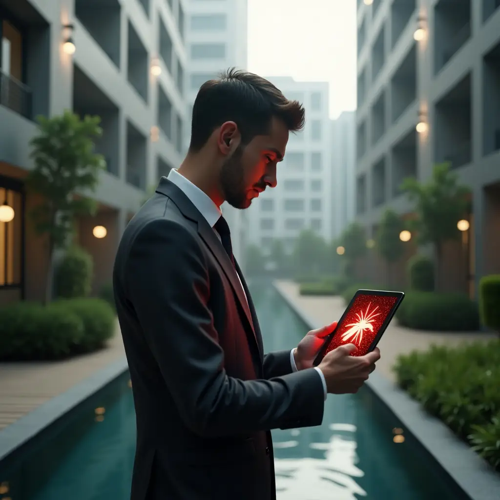 Ultra-realistic condominium manager in a dark grey suit, set in a modern luxury condominium environment with high-rise buildings and manicured gardens, inspecting a rainwater collector while holding a digital tablet displaying a red mosquito warning hologram, cinematic lighting, shallow depth of field, highly detailed textures, realistic skin, photographic realism, 8k resolution --ar 1:1 --v 6