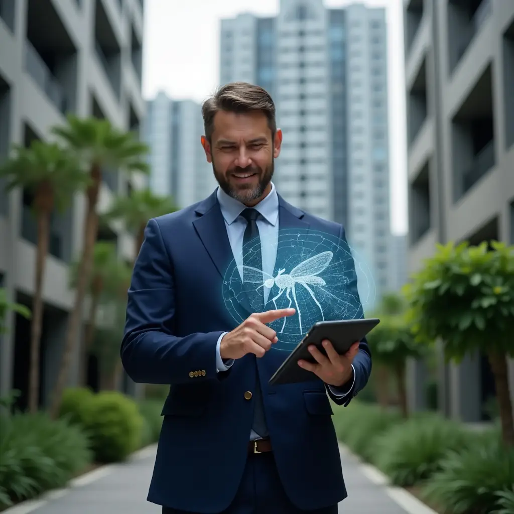 (Ultra-realistic condominium manager in a navy blue suit, set in a modern luxury condominium environment with high-rise buildings and lush green landscaping, holding a tablet displaying a holographic map with mosquito hotspots, pointing at a translucent Aedes aegypti mosquito icon overlay, cinematic lighting, shallow depth of field, highly detailed textures, realistic skin, photographic realism, 8k resolution --ar 1:1 --v 6)