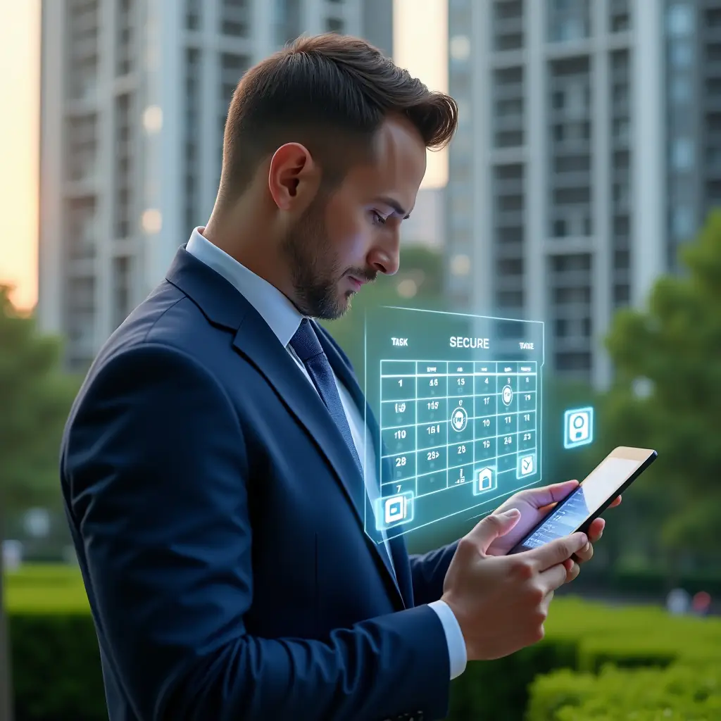 (Ultra-realistic condominium property manager in a tailored navy blue suit, set in a modern luxury condominium environment with high-rise buildings and lush green landscaping, medium shot of a confident manager holding a tablet projecting a holographic calendar grid with task icons, thoughtfully tapping to organize schedule entries, floating holographic symbols for maintenance, security, and cleaning, cinematic lighting, shallow depth of field, highly detailed textures, realistic skin, photographic realism, 8k resolution --ar 1:1 --v 6)
