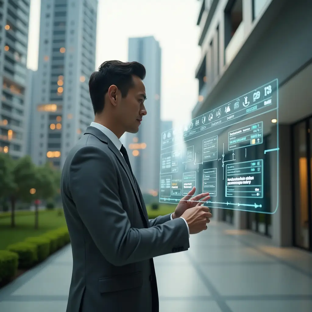 (Ultra-realistic condominium manager in a tailored gray suit, set in a modern luxury condominium environment with high-rise buildings and manicured green landscaping, medium shot focused on the professional confidently interacting with a floating holographic timeline and calendar icons representing tasks, cinematic lighting, shallow depth of field, highly detailed textures, realistic skin, photographic realism, 8k resolution --ar 1:1 --v 6)