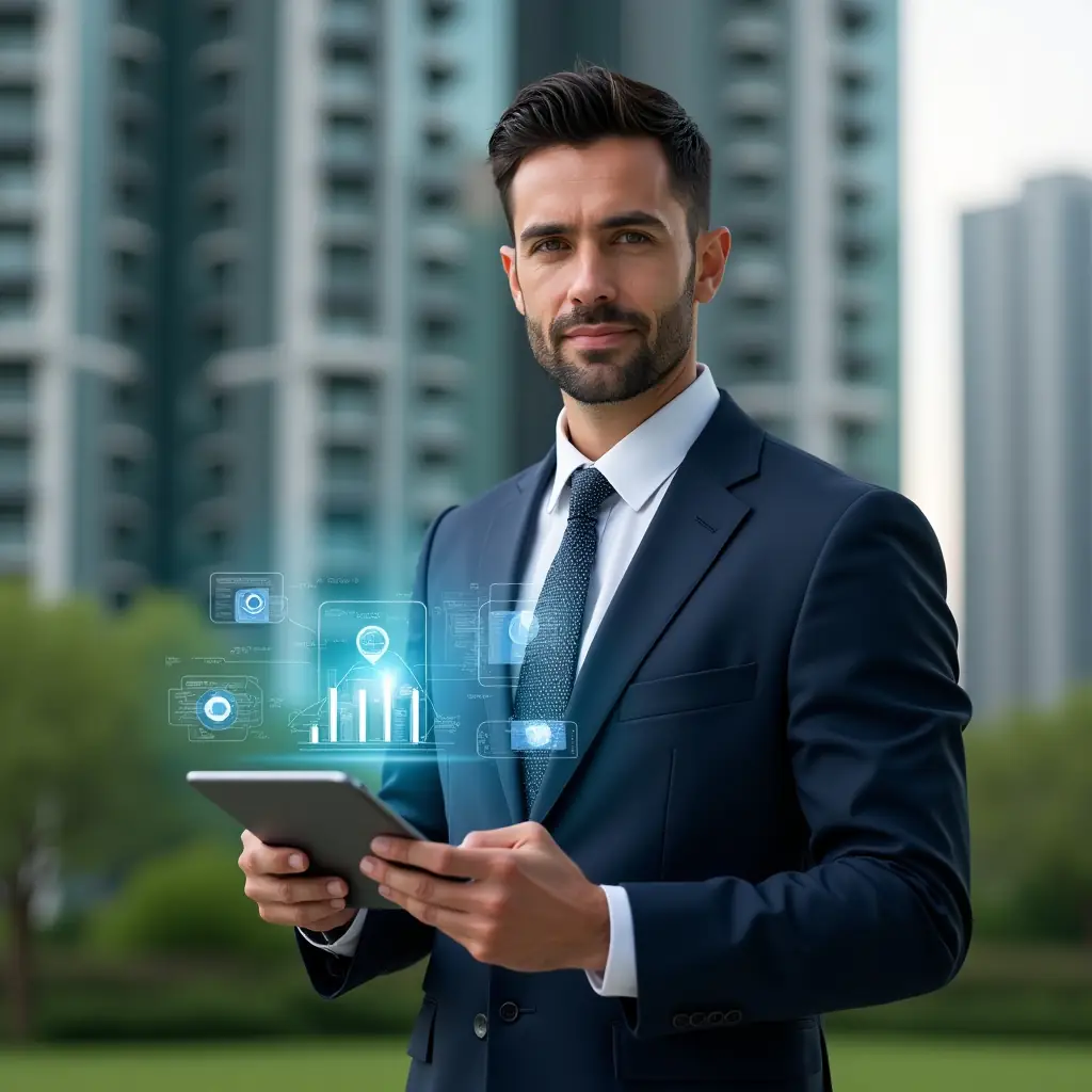 (Ultra-realistic condominium manager in a tailored navy suit, set in a modern luxury condominium environment with high-rise buildings and lush green landscaping, holding a tablet displaying a holographic app interface comparing features, analyzing data charts and reservation icons, floating financial graphs as thematic visual elements, confident and focused expression, cinematic lighting, shallow depth of field, highly detailed textures, realistic skin, photographic realism, 8k resolution --ar 1:1 --v 6)
