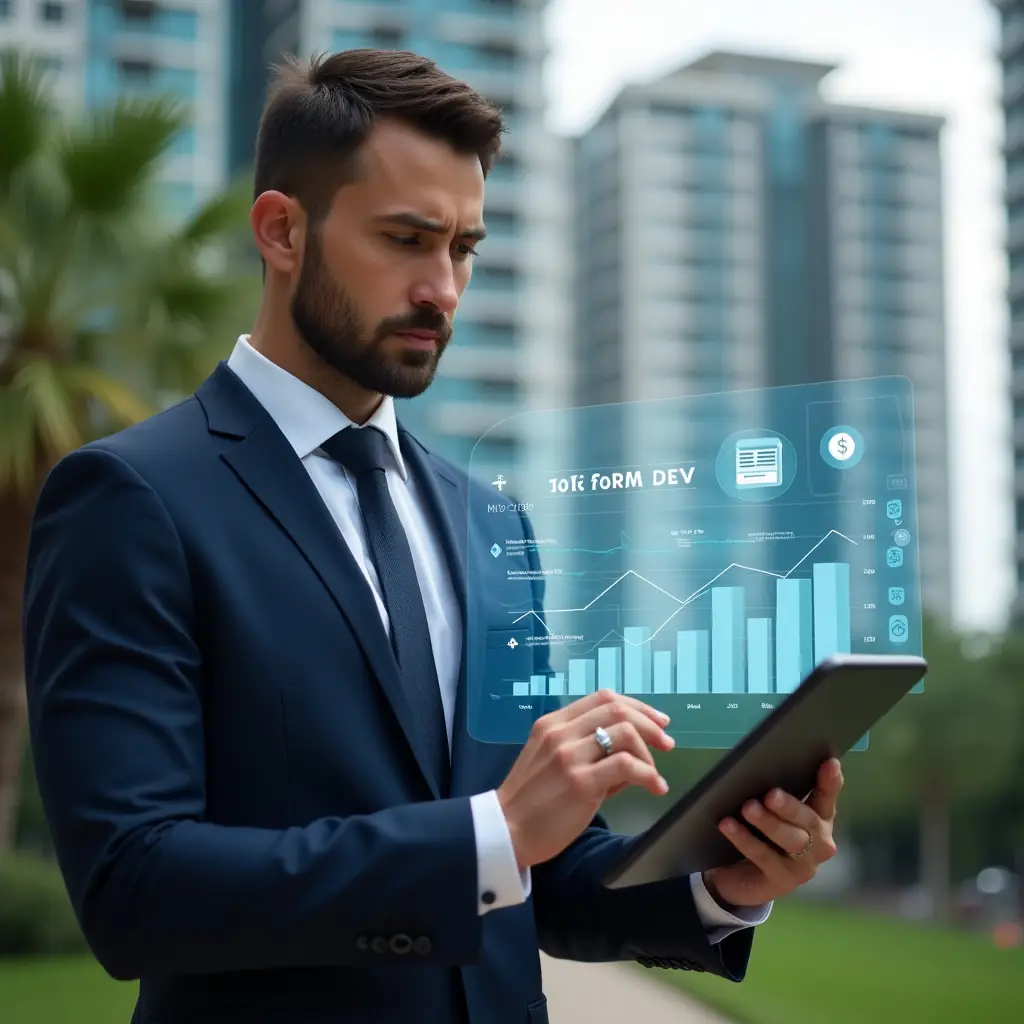 Ultra-realistic property manager in a tailored navy suit, set in a modern luxury condominium environment with high-rise buildings and lush green landscaping, reviewing a holographic financial dashboard on a transparent tablet that displays rising check-mark icons and falling delinquency charts, holding a smartphone showing a management app interface, confident and focused expression, cinematic lighting, shallow depth of field, highly detailed textures, realistic skin, photographic realism, 8k resolution --ar 1:1 --v 6