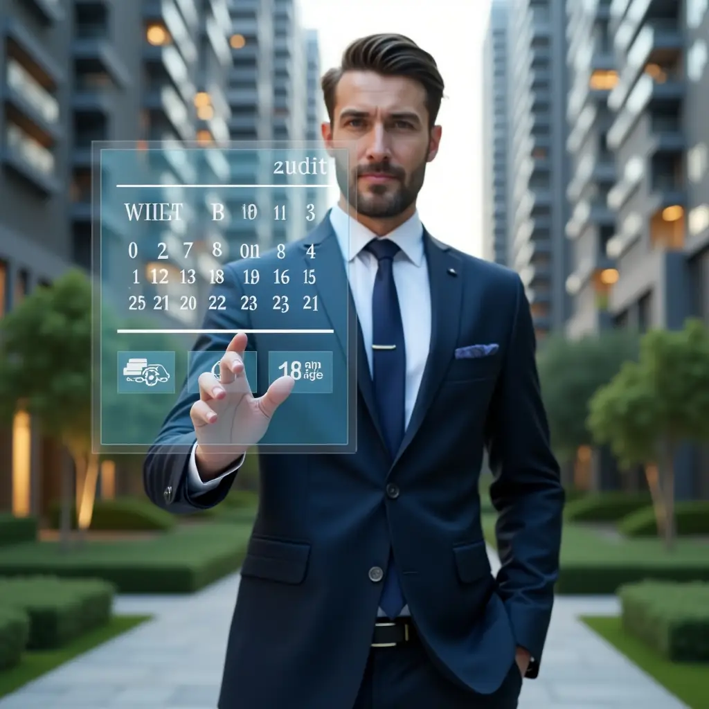 (Ultra-realistic condominium manager in a tailored navy blue suit, set in a modern luxury condominium environment with high-rise buildings and lush green landscaping, medium shot of a confident professional interacting with a floating holographic schedule calendar and timeline icons, cinematic lighting, shallow depth of field, highly detailed textures, realistic skin, photographic realism, 8k resolution --ar 1:1 --v 6)