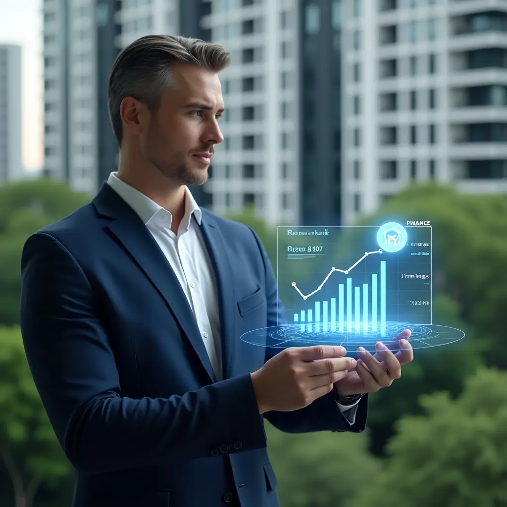 Ultra-realistic condominium manager in a navy blue suit and white shirt, set in a modern luxury condominium environment with high-rise buildings and lush green landscaping, medium shot of a confident professional reviewing a holographic financial dashboard showing rising reserve fund charts and a glowing piggy bank icon, cinematic lighting, shallow depth of field, highly detailed textures, realistic skin, photographic realism, 8k resolution --ar 1:1 --v 6