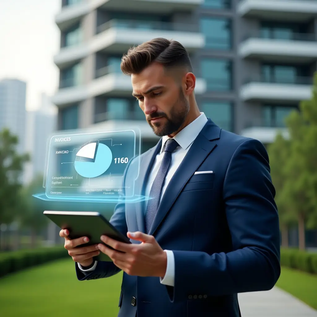 (Ultra-realistic condominium manager in a tailored navy blue executive suit, set in a modern luxury condominium environment with high-rise buildings and manicured green landscaping, medium shot of the manager reviewing financial reports on a digital tablet, surrounded by floating icons of invoices and a 3D holographic pie chart splitting ordinary vs extraordinary expenses, thoughtful and confident expression, cinematic lighting, shallow depth of field, highly detailed textures, realistic skin, photographic realism, 8k resolution --ar 1:1 --v 6)