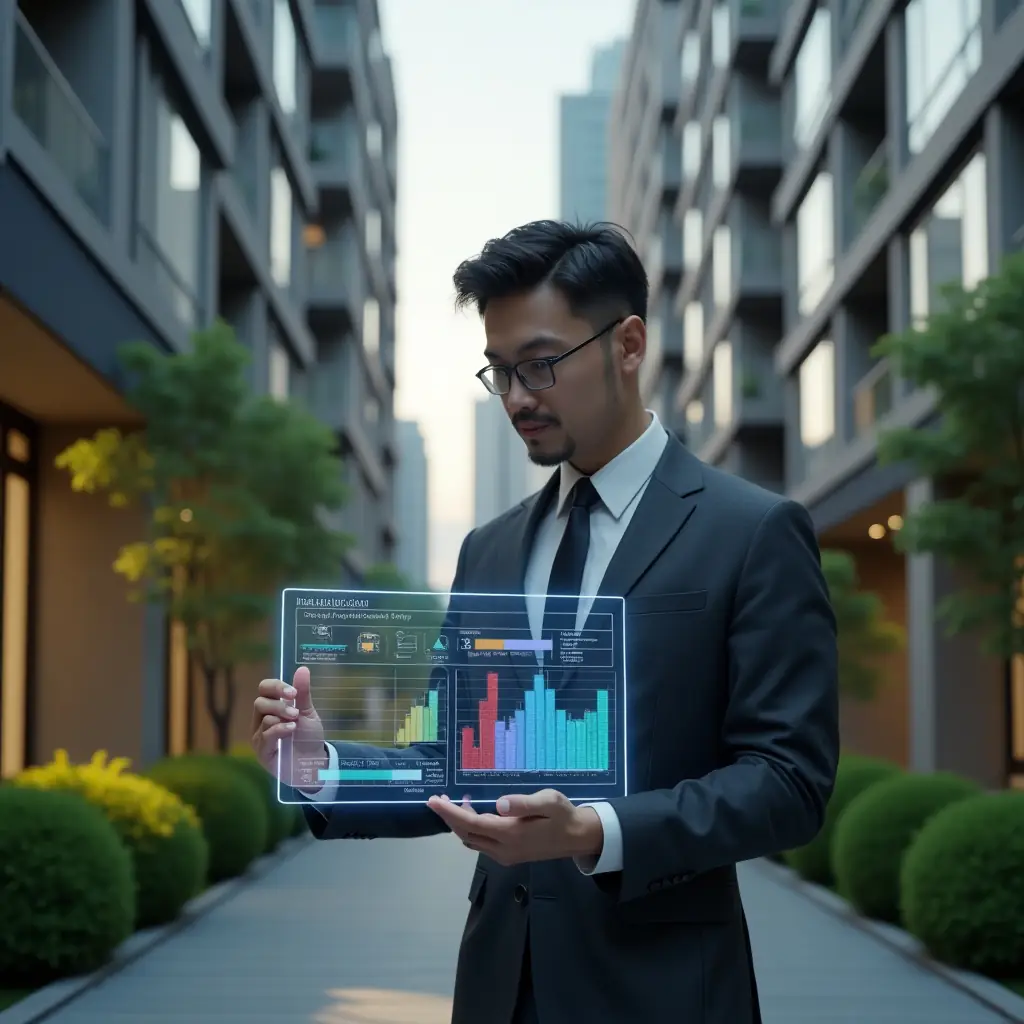 (Ultra-realistic condominium manager in a dark gray tailored suit, set in a modern luxury condominium environment with high-rise buildings and manicured green landscaping, confidently analyzing a glowing holographic budget chart that contrasts ordinary vs extraordinary expenses with color-coded segments, cinematic lighting, shallow depth of field, highly detailed textures, realistic skin, photographic realism, 8k resolution --ar 1:1 --v 6)