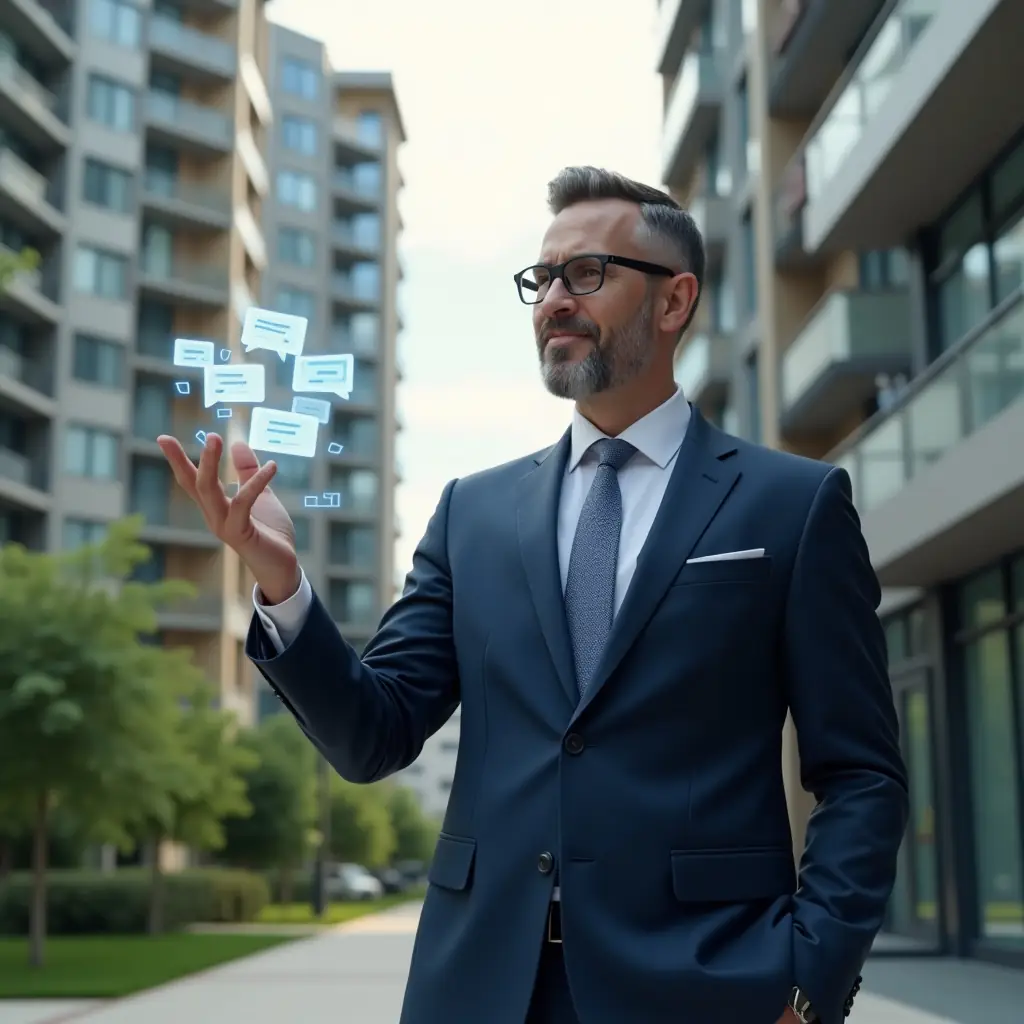(Ultra-realistic property manager in a navy blue suit, set in a modern luxury condominium environment with high-rise buildings and green landscaping, gesturing with an open hand as if welcoming neighbors to a community meeting, holographic chat bubble icons hovering around, cinematic lighting, shallow depth of field, highly detailed textures, realistic skin, photographic realism, 8k resolution --ar 1:1 --v 6)