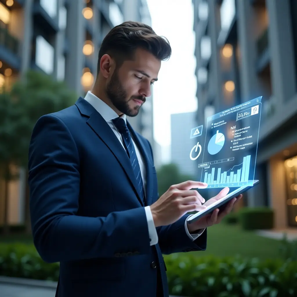 (Ultra-realistic condominium manager in a navy blue tailored suit, set in a modern luxury condominium environment with high-rise buildings and green landscaping, analyzing holographic financial charts projected from a tablet with a serious and thoughtful expression, floating pie charts and bar graphs illuminated by a warning icon overlay, cinematic lighting, shallow depth of field, highly detailed textures, realistic skin, photographic realism, 8k resolution --ar 1:1 --v 6)
