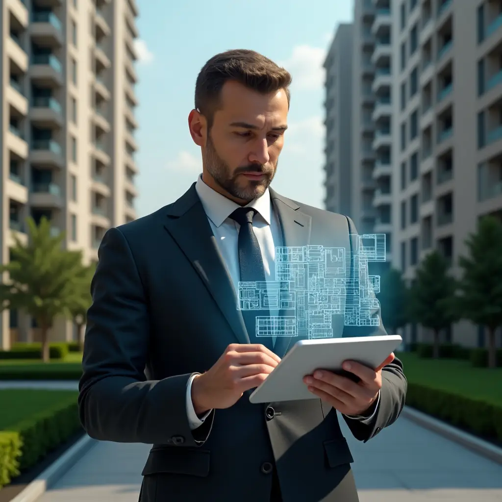 (Ultra-realistic condominium manager in a charcoal suit, set in a modern luxury condominium environment with high-rise buildings and manicured green landscaping, reviewing a floating holographic 3D floor plan highlighting unit fractions and calendar booking icons on a tablet, expression confident and focused, cinematic lighting, shallow depth of field, highly detailed textures, realistic skin, photographic realism, 8k resolution --ar 1:1 --v 6)