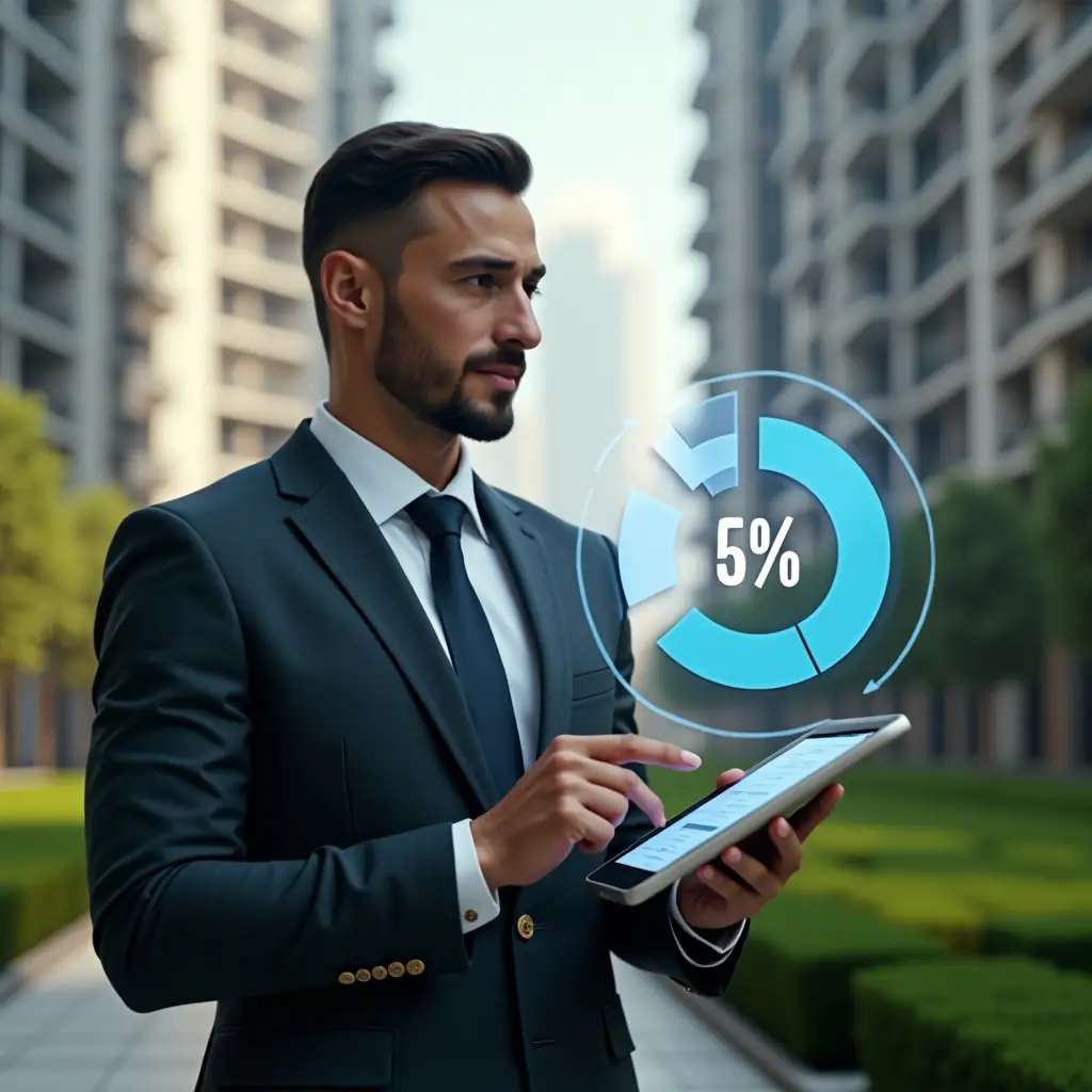 (Ultra-realistic condominium manager in a charcoal gray business suit, set in a modern luxury condominium environment with high-rise buildings and manicured green landscaping, holding a tablet displaying a holographic pie chart of fractional ideal percentages and pointing thoughtfully at a highlighted segment, floating money icon and digital fraction overlay in the scene, cinematic lighting, shallow depth of field, highly detailed textures, realistic skin, photographic realism, 8k resolution --ar 1:1 --v 6)