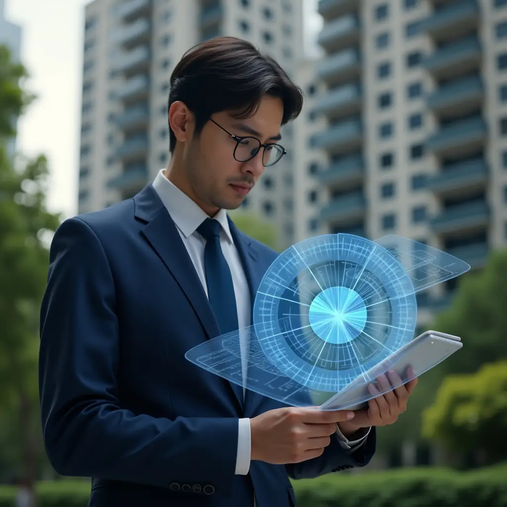 Ultra-realistic condominium manager in a navy blue executive suit, set in a modern luxury condominium environment with high-rise buildings and lush green landscaping, closely examining a holographic 3D pie chart overlaying a floor plan to calculate ideal fractional shares, thoughtful and focused expression, cinematic lighting, shallow depth of field, highly detailed textures, realistic skin, photographic realism, 8k resolution --ar 1:1 --v 6