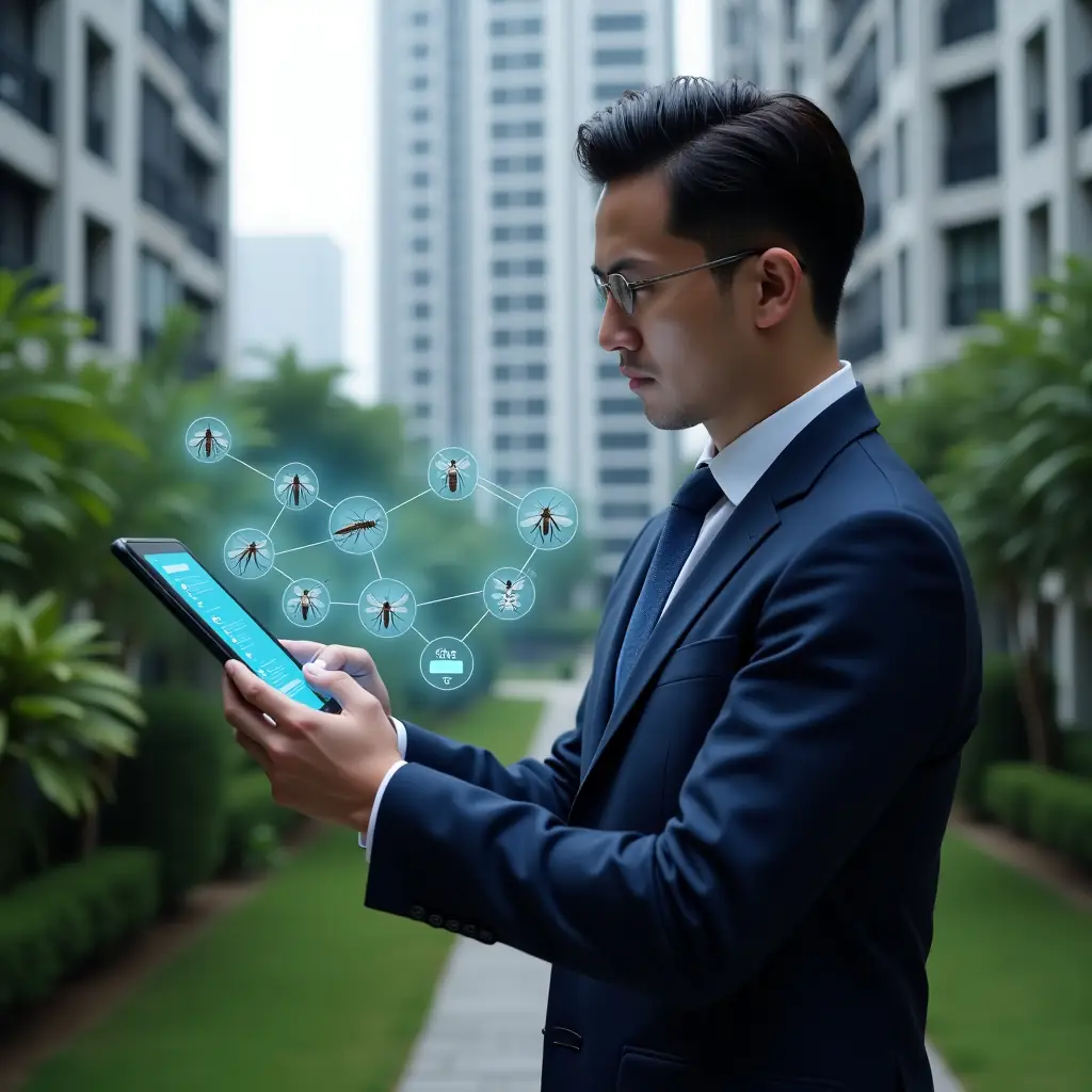 (Ultra-realistic condominium property manager in a navy blue suit, set in a modern luxury condominium environment with high-rise buildings and lush green landscaping, close-up of a determined professional holding a tablet displaying a mosquito inspection app interface with holographic mosquito icons and a checklist overlay, symbolizing dengue control, cinematic lighting, shallow depth of field, highly detailed textures, realistic skin, photographic realism, 8k resolution --ar 1:1 --v 6)