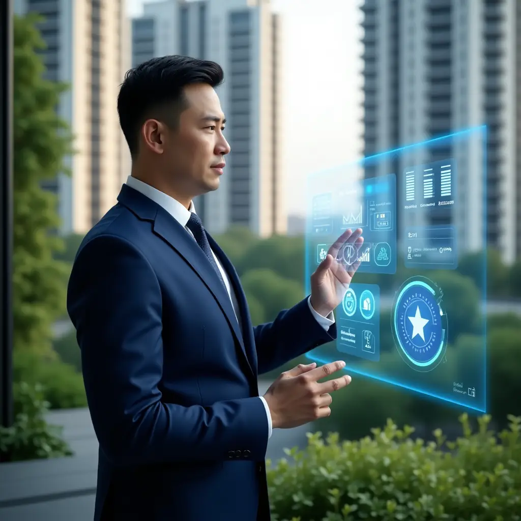 Ultra-realistic condominium manager in a navy blue suit, set in a modern luxury condominium environment with high-rise buildings and lush green landscaping, interacting with a floating holographic dashboard displaying AI analytics and IoT sensor icons, confident and thoughtful expression as they gesture toward the interface, cinematic lighting, shallow depth of field, highly detailed textures, realistic skin, photographic realism, 8k resolution --ar 1:1 --v 6