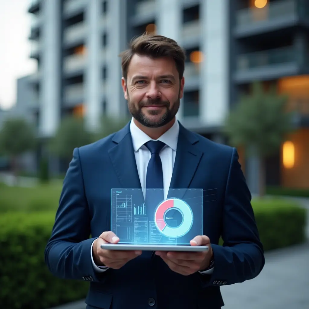 Ultra-realistic condominium manager in a navy blue tailored suit, set in a modern luxury condominium environment with high-rise buildings and green landscaping, holding a digital tablet displaying transparent financial charts accompanied by a glowing holographic pie chart, confident and professional expression, cinematic lighting, shallow depth of field, highly detailed textures, realistic skin, photographic realism, 8k resolution --ar 1:1 --v 6