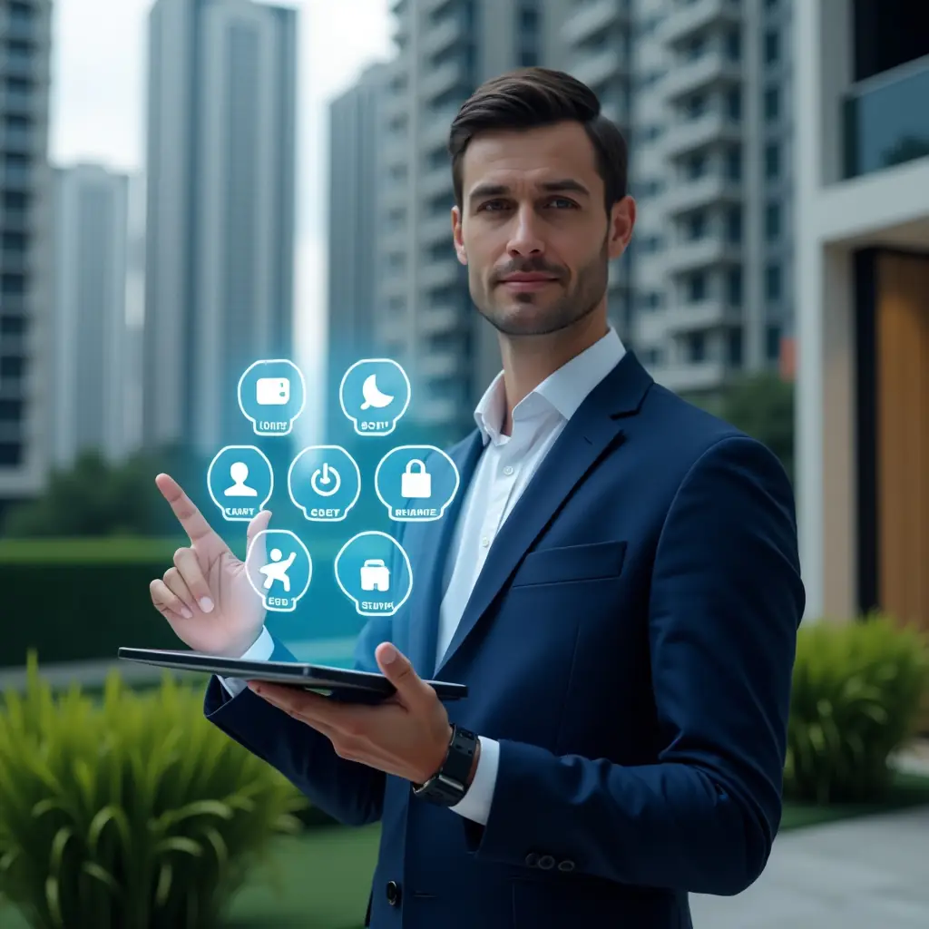 (Ultra-realistic condominium manager in a dark blue tailored suit, set in a modern luxury condominium environment with high-rise buildings and manicured green landscaping, holding a transparent tablet projecting holographic icons for security, chat, calendar, finance and maintenance, confidently pointing at the floating interface amid ten glowing app feature symbols, cinematic lighting, shallow depth of field, highly detailed textures, realistic skin, photographic realism, 8k resolution --ar 1:1 --v 6)