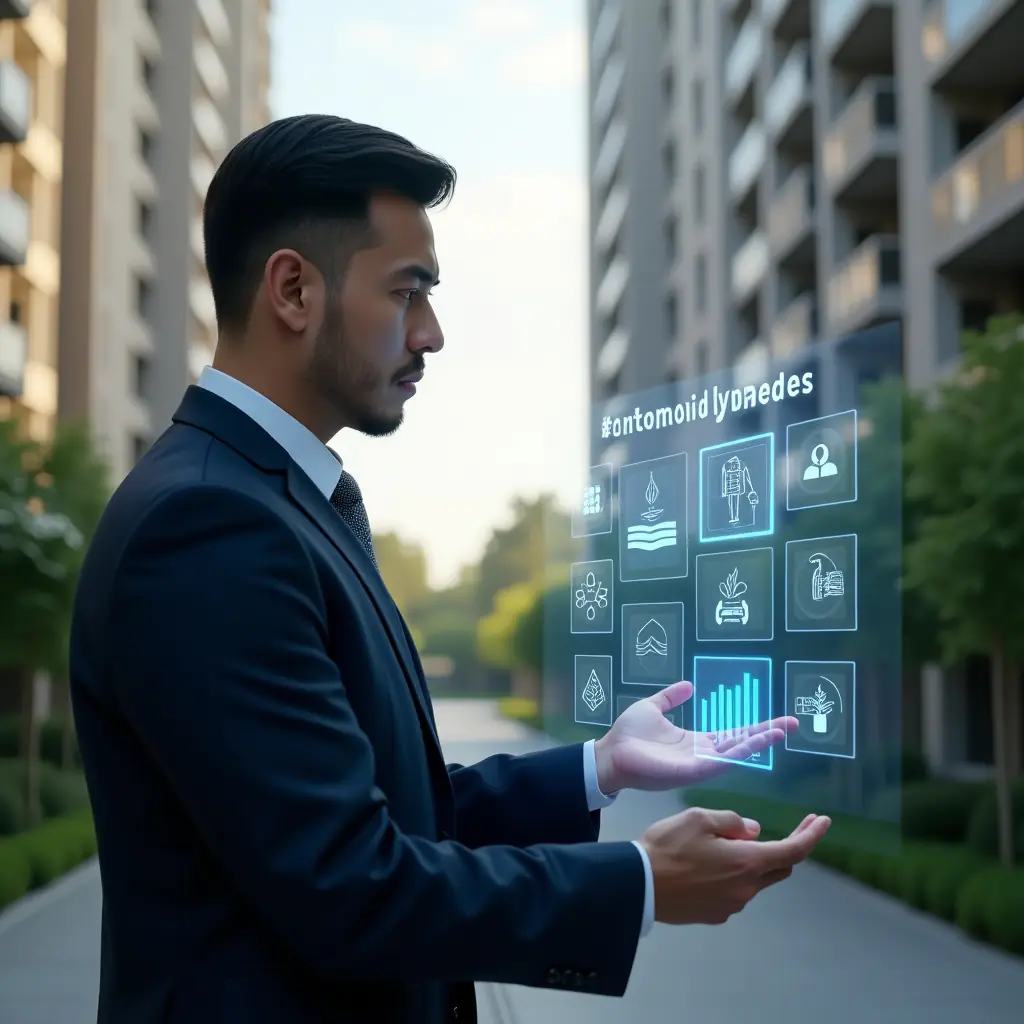 Ultra-realistic condominium manager in a tailored navy blue suit, set in a modern luxury condominium environment with high-rise buildings and manicured greenery, inspecting a floating holographic panel displaying warning icons and graphs of common management mistakes with a serious, focused expression, cinematic lighting, shallow depth of field, highly detailed textures, realistic skin, photographic realism, 8k resolution --ar 1:1 --v 6