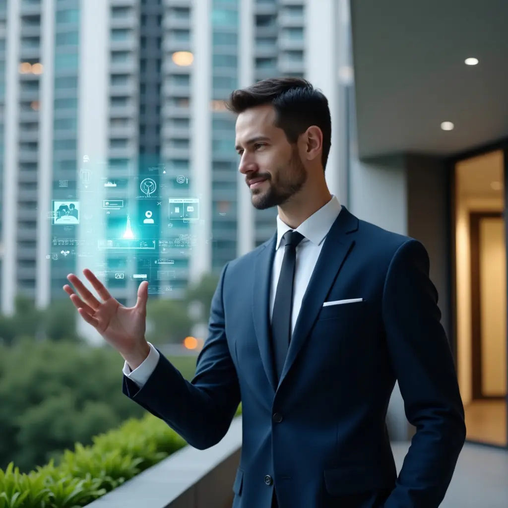 (Ultra-realistic condominium manager in a tailored navy suit, set in a modern luxury condominium environment with high-rise buildings and green landscaping, medium shot of manager confidently interacting with a floating holographic condominium management dashboard displaying alert icons and digital notifications, cinematic lighting, shallow depth of field, highly detailed textures, realistic skin, photographic realism, 8k resolution --ar 1:1 --v 6)