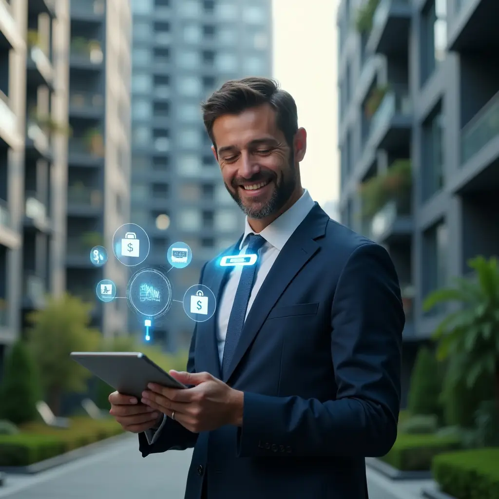 Ultra-realistic condominium manager in a tailored navy suit, set in a modern luxury condominium environment with sleek high-rise buildings and lush green landscaping, mid-shot holding a tablet projecting holographic app interface with chat bubbles, calendar and currency symbols, analyzing data with a confident smile, cinematic lighting, shallow depth of field, highly detailed textures, realistic skin, photographic realism, 8k resolution --ar 1:1 --v 6