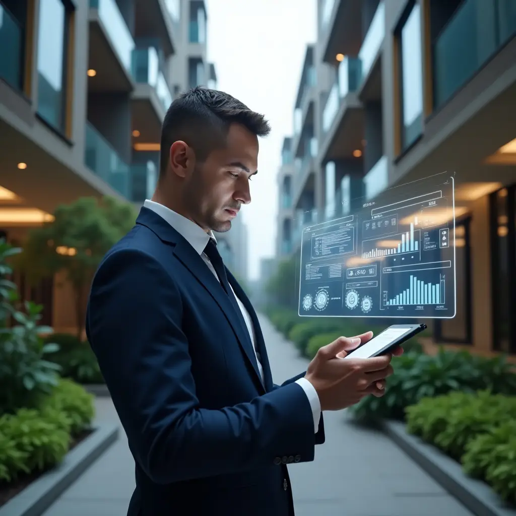 Ultra-realistic property manager in a dark navy blue tailored suit, set in a modern luxury condominium environment with high-rise buildings and lush green landscaping, mid-shot holding a tablet projecting floating holographic dashboards and icons (gears, charts, calendar, chat bubbles) while analyzing data with a confident, focused expression, cinematic lighting, shallow depth of field, highly detailed textures, realistic skin, photographic realism, 8k resolution --ar 1:1 --v 6