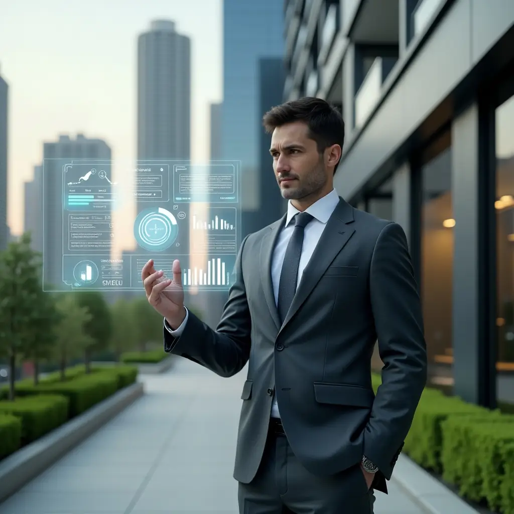 Ultra-realistic condominium manager in a tailored charcoal gray suit, set in a modern luxury condominium environment with high-rise glass towers and manicured green landscaping, mid shot of a professional confidently interacting with a floating holographic condominium management app interface displaying notifications, charts and streamlined workflows, cinematic lighting, shallow depth of field, highly detailed textures, realistic skin, photographic realism, 8k resolution --ar 1:1 --v 6