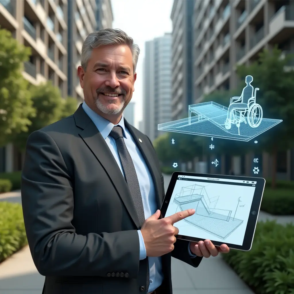 Ultra-realistic condominium manager in a charcoal gray suit, set in a modern luxury condominium environment with high-rise buildings and lush green landscaping, holding a digital tablet displaying a 3D accessible ramp blueprint, pointing confidently at the design with a welcoming smile, semi-transparent wheelchair and Braille holograms floating nearby, cinematic lighting, shallow depth of field, highly detailed textures, realistic skin, photographic realism, 8k resolution --ar 1:1 --v 6