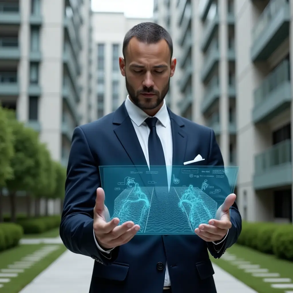 (Ultra-realistic condominium manager in a navy blue suit, set in a modern luxury condominium environment with high-rise buildings and well-manicured green landscaping, medium shot, reviewing a translucent holographic blueprint displaying accessible ramps, tactile paving and wheelchair icons, confident and focused expression, cinematic lighting, shallow depth of field, highly detailed textures, realistic skin, photographic realism, 8k resolution --ar 1:1 --v 6)