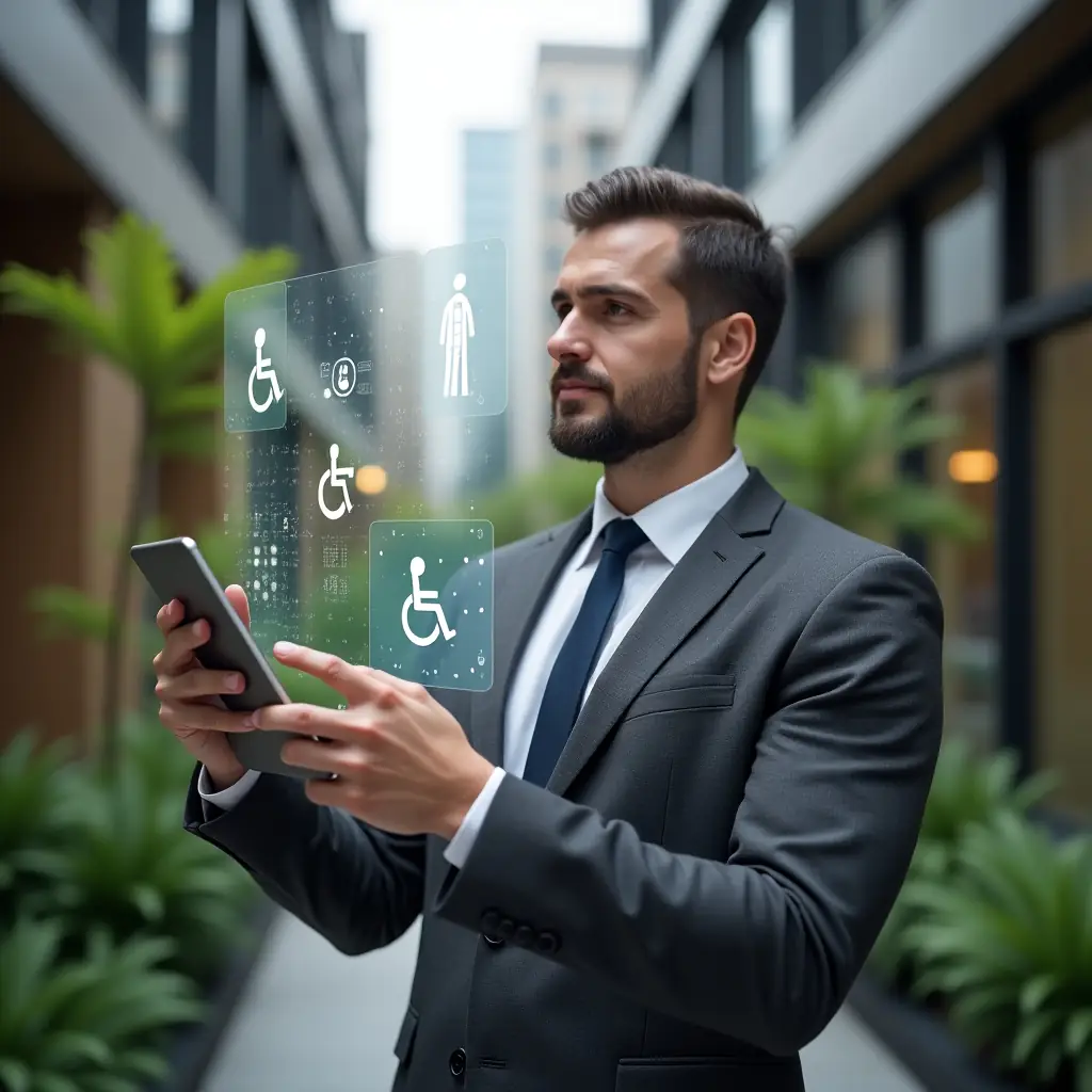 (Ultra-realistic condominium manager in a charcoal gray tailored suit, set in a modern luxury condominium environment with high-rise buildings and lush green landscaping, confidently holding a tablet projecting holographic accessibility icons (wheelchair ramp, tactile flooring, braille signage) while pointing at the display as if explaining inclusive design, cinematic lighting, shallow depth of field, highly detailed textures, realistic skin, photographic realism, 8k resolution --ar 1:1 --v 6)