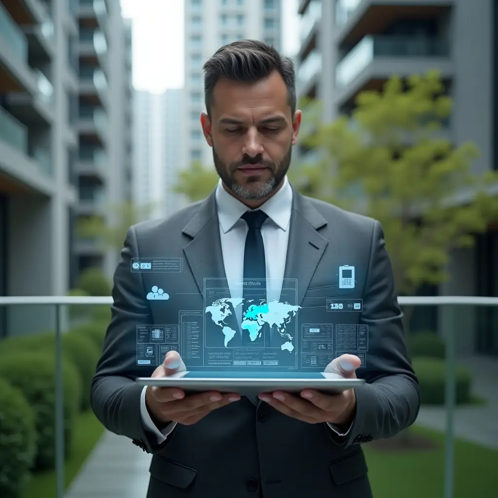 (Ultra-realistic condominium manager in a charcoal gray suit, set in a modern luxury condominium environment with high-rise buildings and lush green landscaping, mid shot with the manager confidently holding a transparent tablet projecting a holographic condominium management dashboard, floating app icons symbolizing streamlined communication and efficient processes, cinematic lighting, shallow depth of field, highly detailed textures, realistic skin, photographic realism, 8k resolution --ar 1:1 --v 6)
