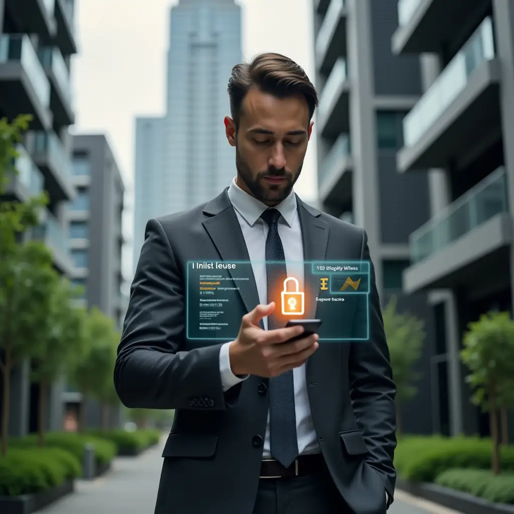(Ultra-realistic condominium manager in a dark gray tailored suit, set in a modern luxury condominium environment with high-rise buildings and lush green landscaping, interacting with a holographic smartphone interface displaying financial charts, chat bubbles and a glowing security padlock icon, confident and focused expression, cinematic lighting, shallow depth of field, highly detailed textures, realistic skin, photographic realism, 8k resolution --ar 1:1 --v 6)