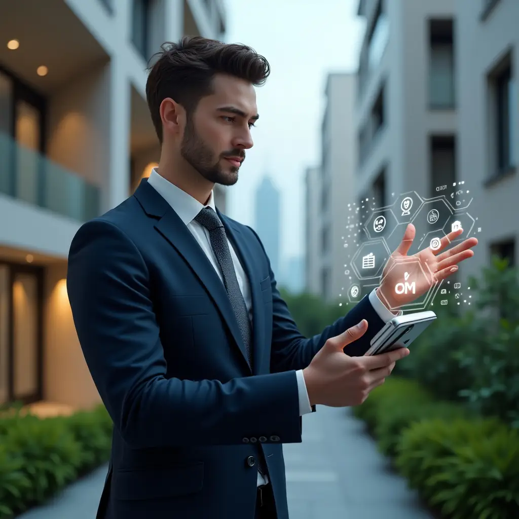 Ultra-realistic condominium manager in a tailored navy suit, set in a modern luxury condominium environment with high-rise buildings and lush green landscaping, interacting with a holographic interface of app icons for communication, payments and reservations, confident and analytical expression, cinematic lighting, shallow depth of field, highly detailed textures, realistic skin, photographic realism, 8k resolution --ar 1:1 --v 6