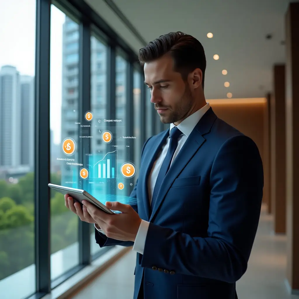 (Ultra-realistic condominium manager in a tailored navy blue suit, set in a modern luxury condominium lobby with high-rise buildings and lush green landscaping visible through floor-to-ceiling windows, confidently reviewing a tablet displaying interactive budget analytics and holographic graphs showing 30% cost reduction without cutting benefits, with floating icons of coins, gears, and a sleek smartphone app interface symbolizing streamlined processes, cinematic lighting, shallow depth of field, highly detailed textures, realistic skin, photographic realism, 8k resolution --ar 1:1 --v 6)