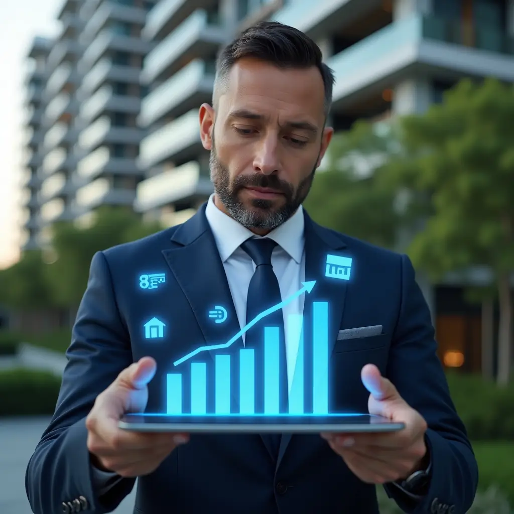 (Ultra-realistic condominium manager in a navy blue executive suit, set in a modern luxury condominium environment with high-rise buildings and lush green landscaping, close-up mid-shot analyzing a transparent tablet projecting a holographic bar graph showing a 30% cost reduction with floating app icons, confident expression, cinematic lighting, shallow depth of field, highly detailed textures, realistic skin, photographic realism, 8k resolution --ar 1:1 --v 6)