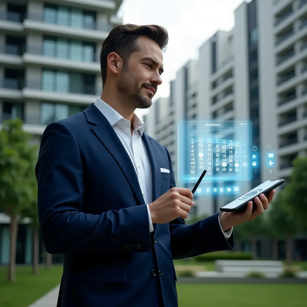 (Ultra-realistic condominium manager in a navy blue tailored suit, set in a modern luxury condominium environment with high-rise buildings and lush green landscaping, holding a transparent holographic annual calendar and pointing at scheduled tasks with a stylus, floating icons for maintenance, finance and security hovering beside a smartphone interface, confident expression, cinematic lighting, shallow depth of field, highly detailed textures, realistic skin, photographic realism, 8k resolution --ar 1:1 --v 6)