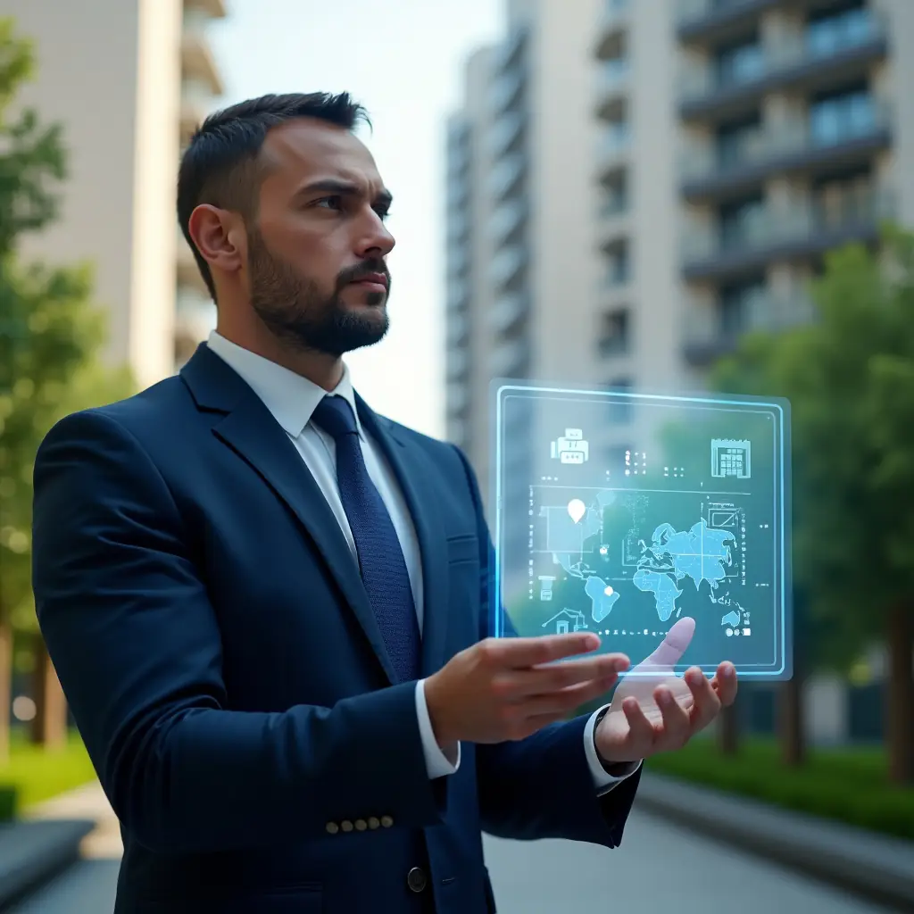 (Ultra-realistic condominium manager in a dark blue tailored suit, set in a modern luxury condominium environment with high-rise buildings and lush green landscaping, holding and analyzing a floating holographic activity schedule map with icons of calendar and checklist, confident and focused expression, cinematic lighting, shallow depth of field, highly detailed textures, realistic skin, photographic realism, 8k resolution --ar 1:1 --v 6)