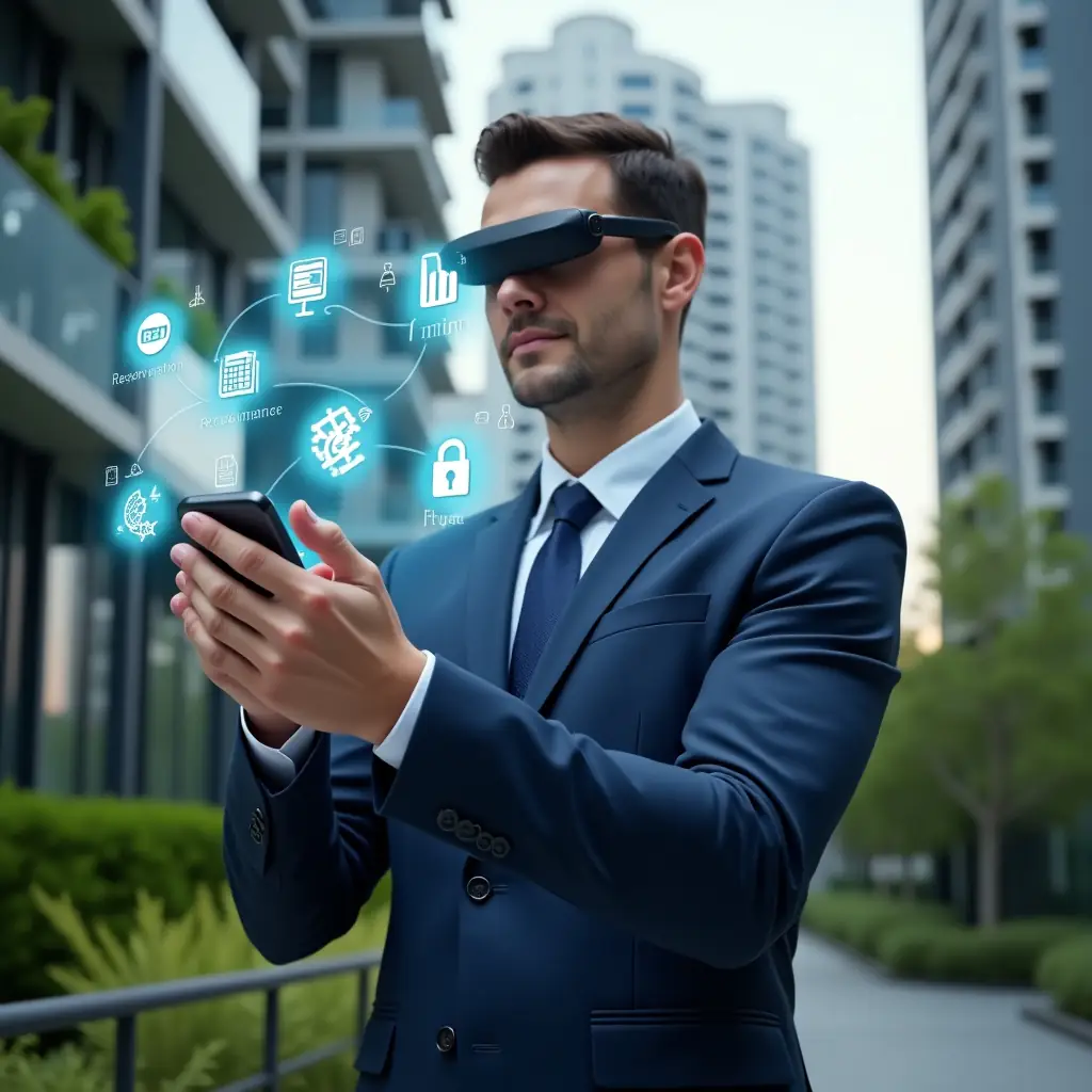 (Ultra-realistic condominium manager in a navy blue business suit, set in a modern luxury condominium environment with high-rise buildings and lush green landscaping, medium close-up of the manager confidently interacting with floating holographic icons of financial charts, chat bubbles, reservation calendars and security lock symbols to represent key app features, cinematic lighting, shallow depth of field, highly detailed textures, realistic skin, photographic realism, 8k resolution --ar 1:1 --v 6)