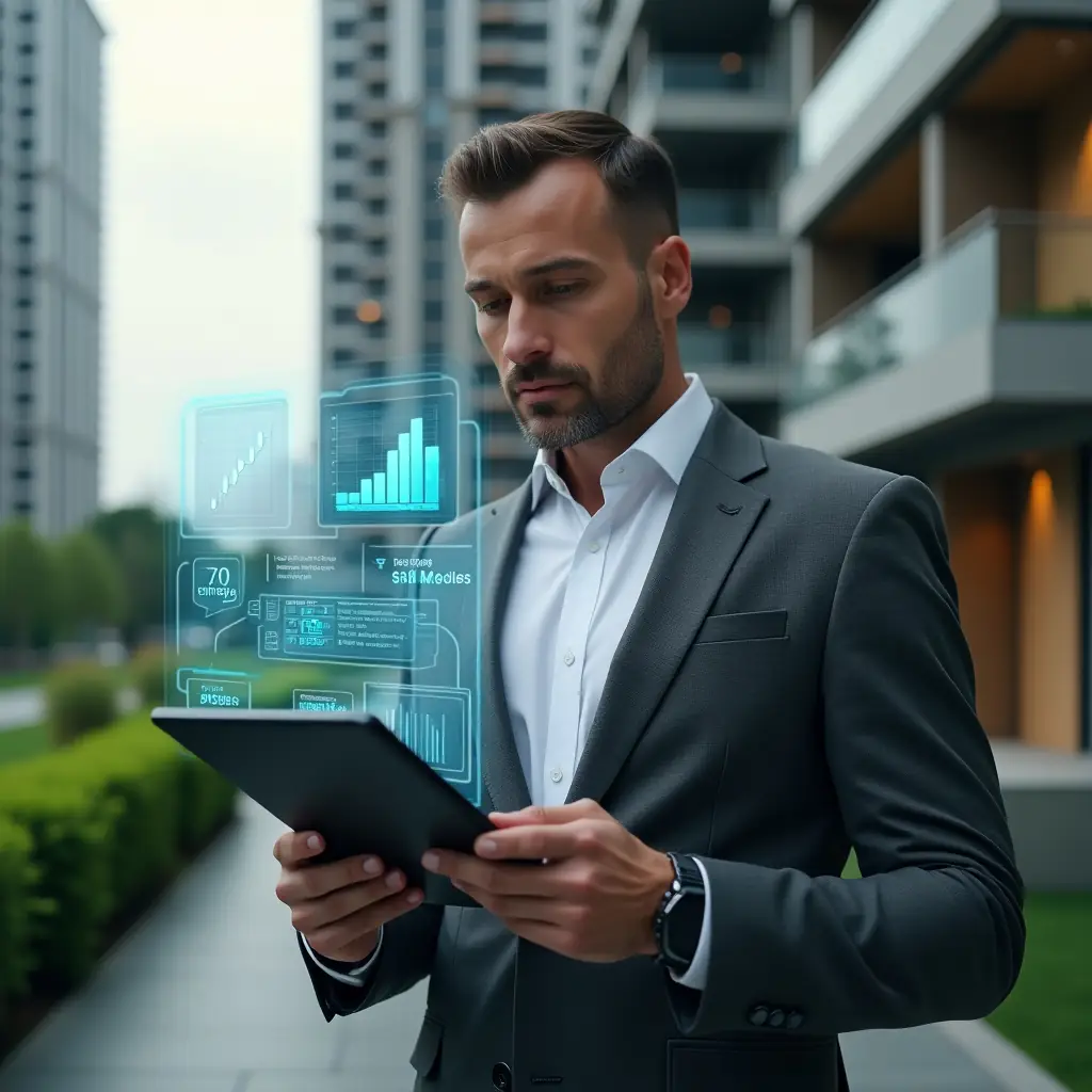 Ultra-realistic condominium manager in a charcoal gray tailored suit, set in a modern luxury condominium environment with high-rise buildings and lush green landscaping, holding a digital tablet displaying interactive budget graphs and cost-cutting icons, gazing thoughtfully with a confident expression, holographic charts floating beside, cinematic lighting, shallow depth of field, highly detailed textures, realistic skin, photographic realism, 8k resolution --ar 1:1 --v 6