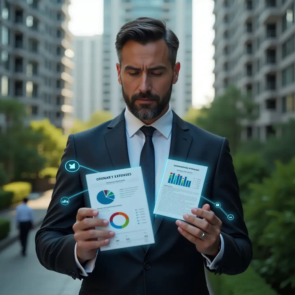 Ultra-realistic condominium manager in a dark charcoal executive suit, set in a modern luxury condominium environment with high-rise buildings and lush green landscaping, analyzing two holographic documents labeled “Ordinary Expenses” vs “Extraordinary Expenses” projected as a floating pie chart between his hands, digital financial icons orbiting around, confident and focused expression, cinematic lighting, shallow depth of field, highly detailed textures, realistic skin, photographic realism, 8k resolution --ar 1:1 --v 6