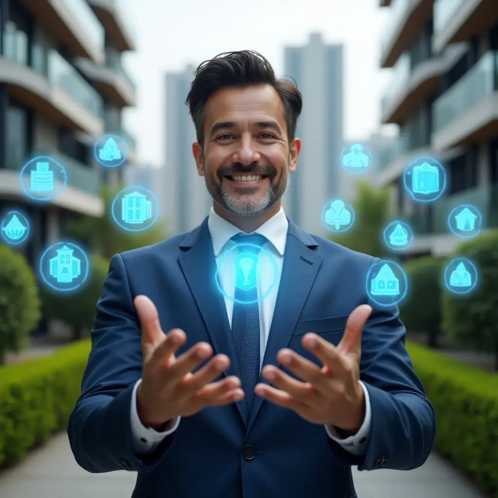 (Ultra-realistic condominium manager in a navy blue suit, set in a modern luxury condominium environment with high-rise buildings and manicured green landscaping, interacting with floating holographic icons representing the ten commandments of community harmony and an intuitive condo management app, conveying a confident and welcoming expression, cinematic lighting, shallow depth of field, highly detailed textures, realistic skin, photographic realism, 8k resolution --ar 1:1 --v 6)