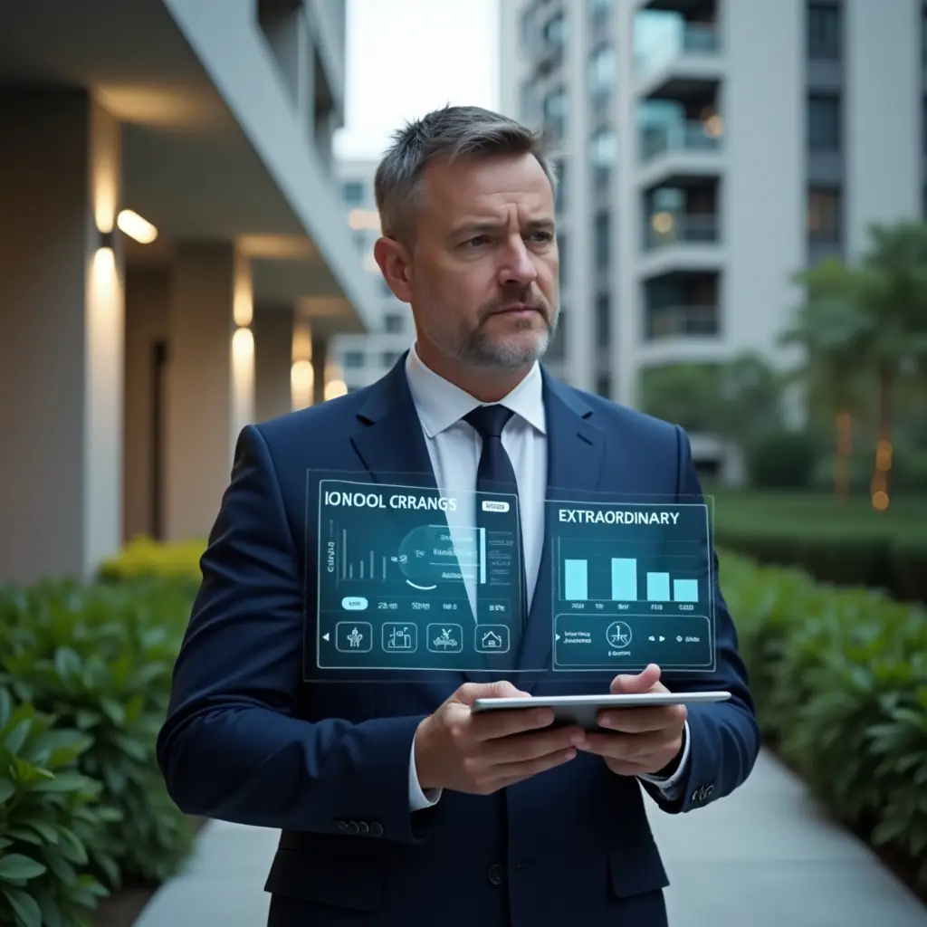 (Ultra-realistic condo manager in a navy blue suit, set in a modern luxury condominium environment with high-rise buildings and lush green landscaping, holding a tablet displaying holographic expense charts and icons differentiating ordinary and extraordinary costs, thoughtful and confident expression, cinematic lighting, shallow depth of field, highly detailed textures, realistic skin, photographic realism, 8k resolution --ar 1:1 --v 6)