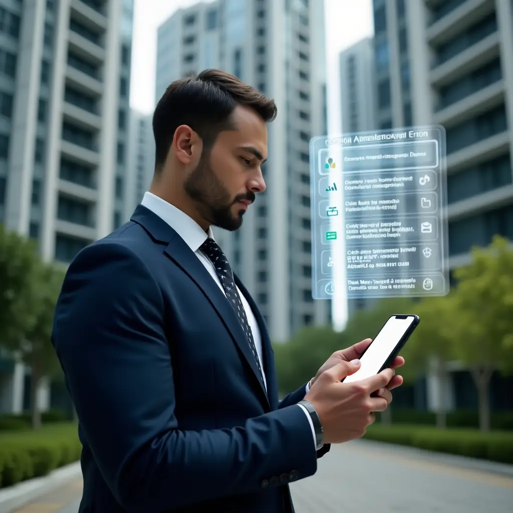 Ultra-realistic condo manager in a tailored navy suit, set in a modern luxury condominium environment with high-rise buildings and manicured green landscaping, analyzing a floating holographic checklist of common administration errors and holding a smartphone displaying a sleek property management app interface, focused and confident expression, cinematic lighting, shallow depth of field, highly detailed textures, realistic skin, photographic realism, 8k resolution --ar 1:1 --v 6