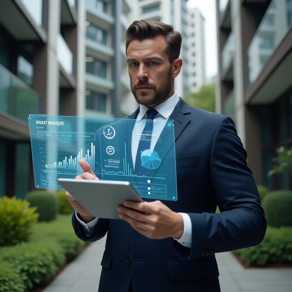 (Ultra-realistic condominium manager in a tailored navy suit and tie, set in a modern luxury condominium environment with high-rise buildings and green landscaping, medium close-up holding a tablet while pointing at a holographic dashboard displaying financial graphs, warning icons and maintenance symbols, serious and confident expression, cinematic lighting, shallow depth of field, highly detailed textures, realistic skin, photographic realism, 8k resolution --ar 1:1 --v 6)