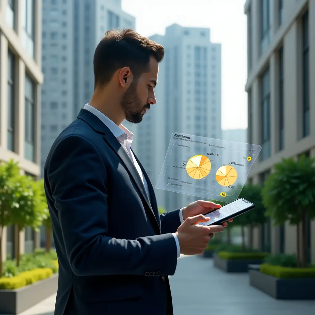 (Ultra-realistic condominium manager in a tailored navy blue suit, set in a modern luxury condominium environment with high-rise buildings and lush green landscaping, holding a transparent tablet displaying holographic pie charts of ideal fractions and calculation formulas while confidently analyzing data, a smartphone beside them showing an condominium management app interface, cinematic lighting, shallow depth of field, highly detailed textures, realistic skin, photographic realism, 8k resolution --ar 1:1 --v 6)