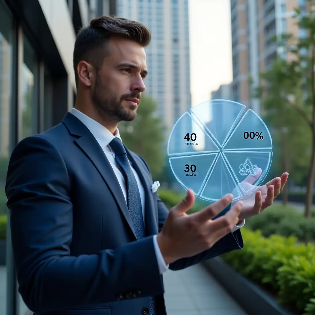 (Ultra-realistic condominium manager in a tailored navy blue suit, set in a modern luxury condominium environment with high-rise buildings and lush green landscaping, medium close-up, confidently analyzing a floating holographic pie chart representing ideal fraction calculations with glowing percentage icons and budget symbols, cinematic lighting, shallow depth of field, highly detailed textures, realistic skin, photographic realism, 8k resolution --ar 1:1 --v 6)