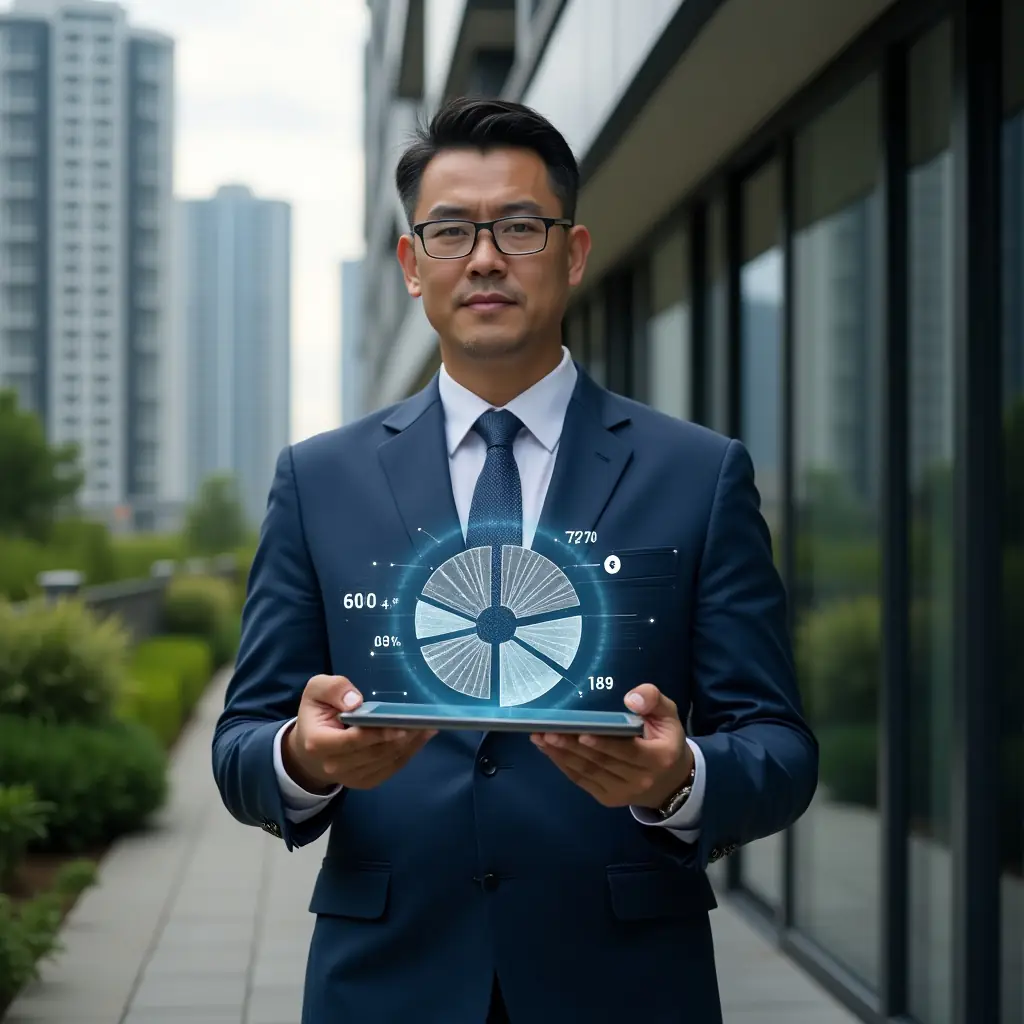 Ultra-realistic condominium manager in a navy blue tailored suit, set in a modern luxury condominium environment with high-rise buildings and lush green landscaping, holding a transparent tablet displaying a 3D pie chart symbolizing ideal fraction distribution with floating holographic numbers, confident and thoughtful expression, cinematic lighting, shallow depth of field, highly detailed textures, realistic skin, photographic realism, 8k resolution --ar 1:1 --v 6