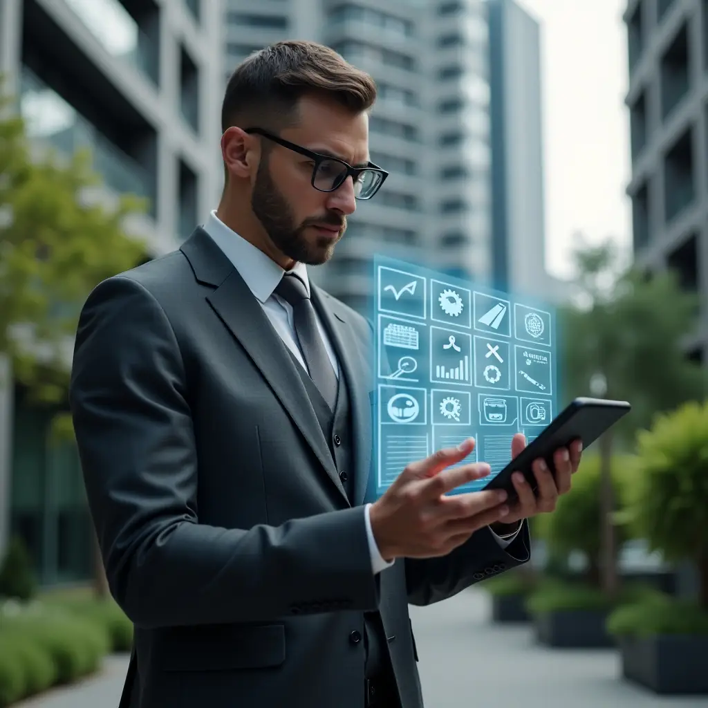 Ultra-realistic condominium manager in a dark grey tailored suit, set in a modern luxury condominium environment with high-rise buildings and green landscaping, holding and interacting with a floating holographic schedule displaying maintenance and assembly icons, calendar and gear symbols around, cinematic lighting, shallow depth of field, highly detailed textures, realistic skin, photographic realism, 8k resolution --ar 1:1 --v 6