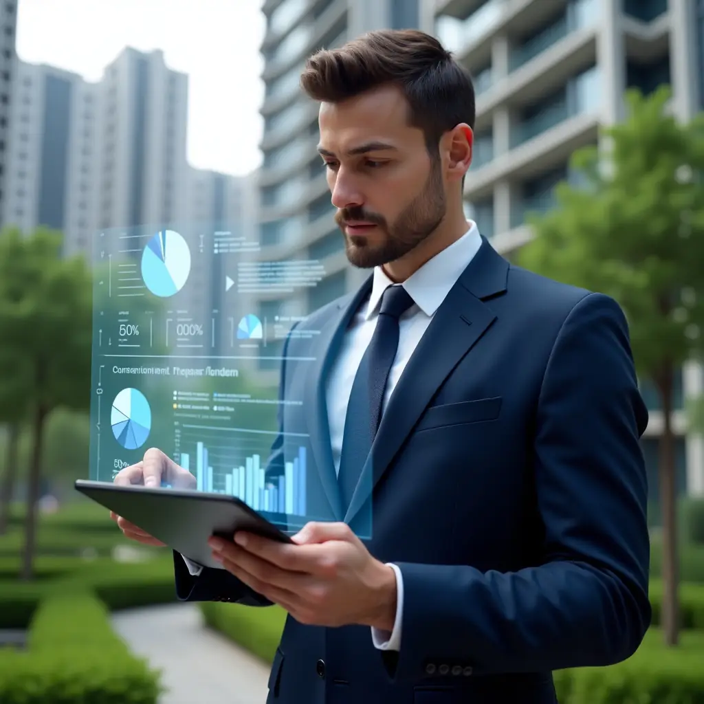 (Ultra-realistic condominium manager in an elegant navy blue suit, set in a modern luxury condominium environment with high-rise buildings and lush green landscaping, reviewing a holographic financial report with floating pie charts and bar graphs symbolizing transparent accounting, confident and focused expression, cinematic lighting, shallow depth of field, highly detailed textures, realistic skin, photographic realism, 8k resolution --ar 1:1 --v 6)