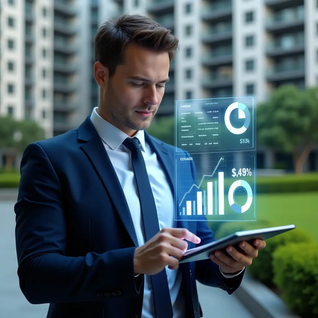 Ultra-realistic condominium manager in a navy blue suit, set in a modern luxury condominium environment with high-rise buildings and manicured green landscaping, examining a transparent holographic financial dashboard projected from a tablet, confident and focused expression, floating bar charts and pie graphs symbolizing transparency and trust, cinematic lighting, shallow depth of field, highly detailed textures, realistic skin, photographic realism, 8k resolution --ar 1:1 --v 6